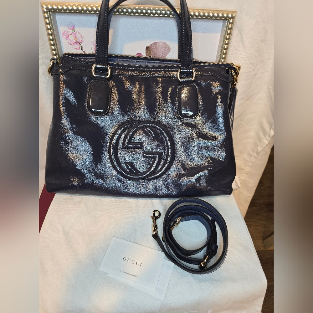Gucci Blondie Soho Navy Grey Patent Leather 2 Way Bag - Picture 16 of 17